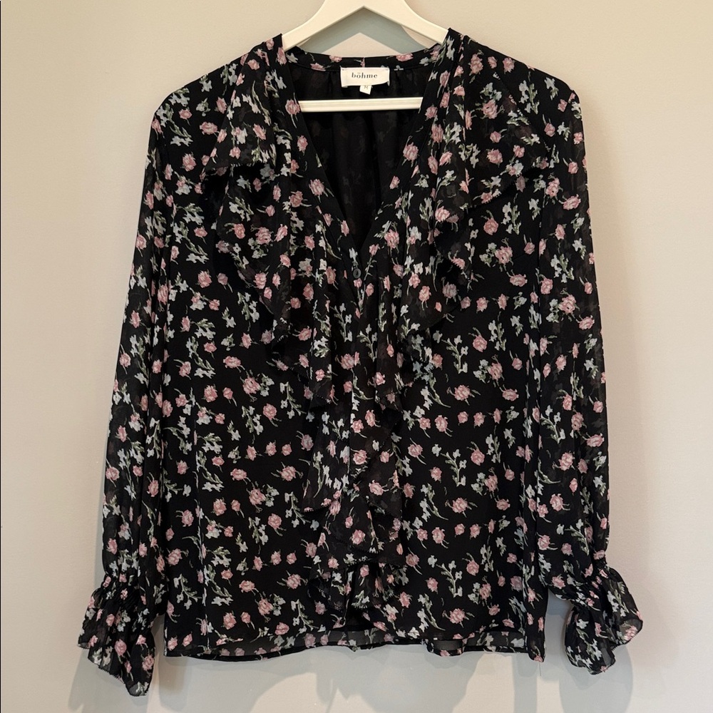Bohme Black Floral Ruffle V-Neck Blouse - Pink & Green Accents